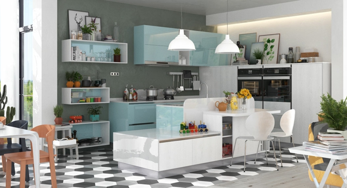 cocina moderna con estanterias blancas y en azul claro con suelo de figuras geometricas, cocinas con peninsula
