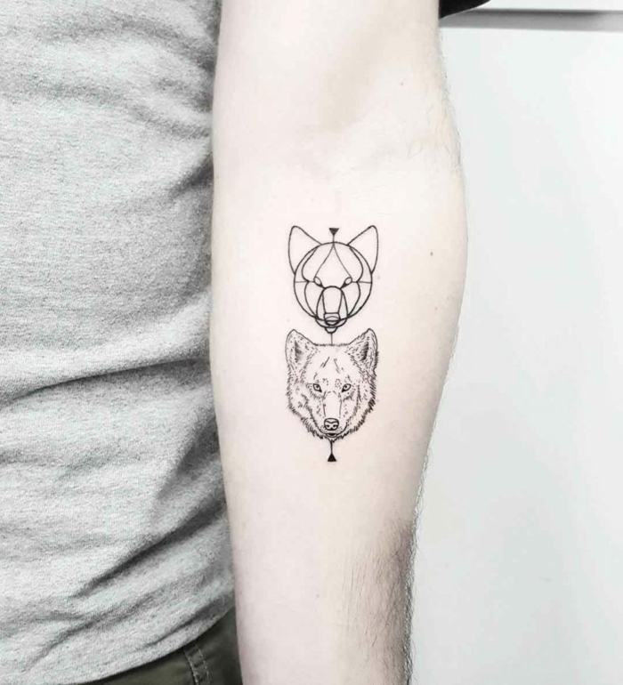 tatuajes geométricos simbolicos con dibujos de animales, cabeza de lobo en estilo geométrico