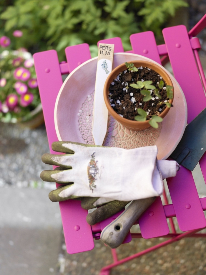 ideas y consejos útiles de decoracion de jardines DIY, silla pintada en color fuscia, ideas para espacios exteriores 