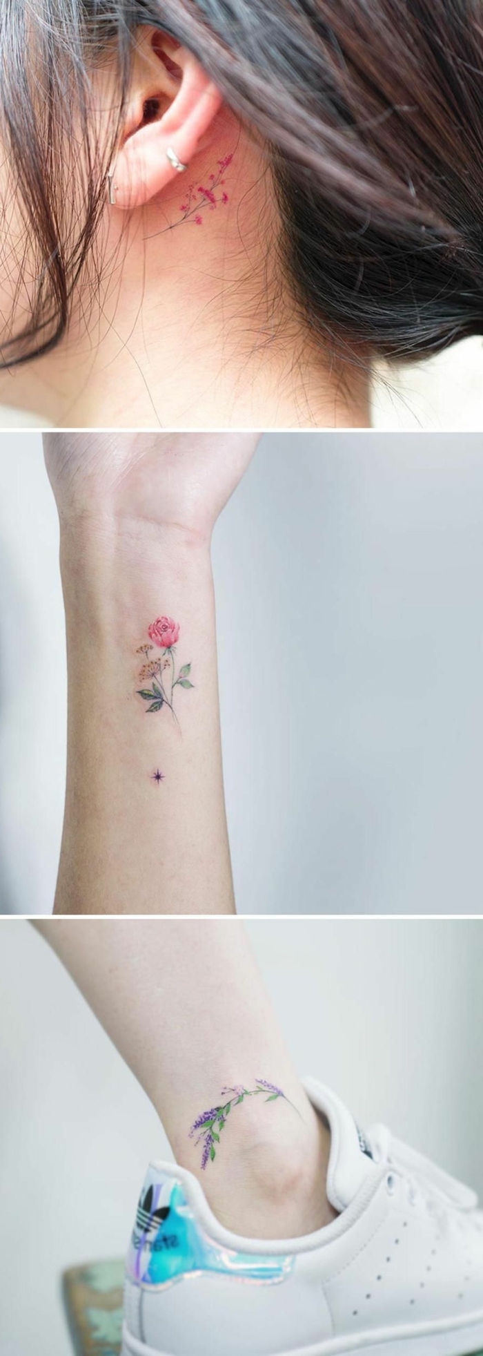 elegantes y femeninos diseños de tattoos pequeños con motivos florales, tres ideas de tatuajes con flores 