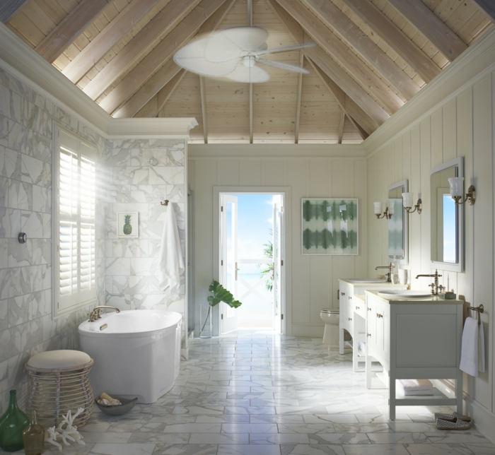 precioso baño abuhardillado con baldosas en blanco y gris, cuartos de baño modernos ideas de decoración 