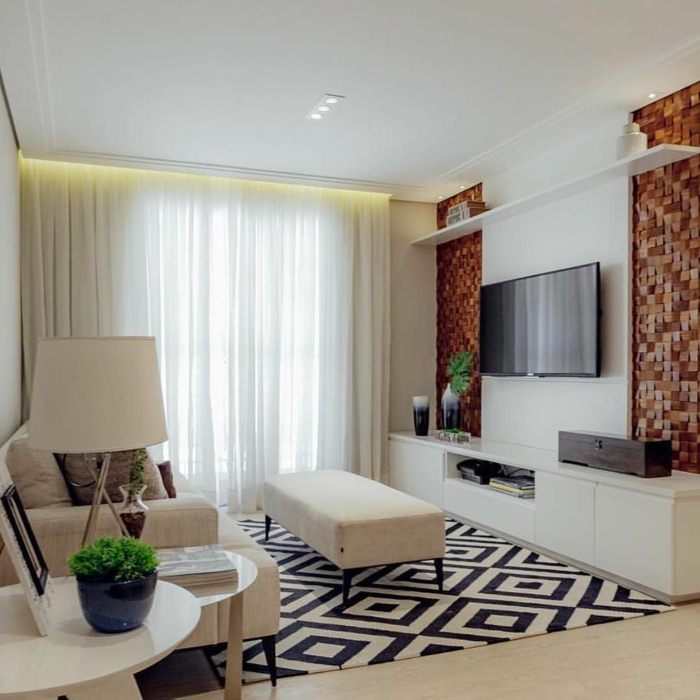 sofas pequeños con alfombra en blanco y negro con figuras geometricas, televisor en la pared