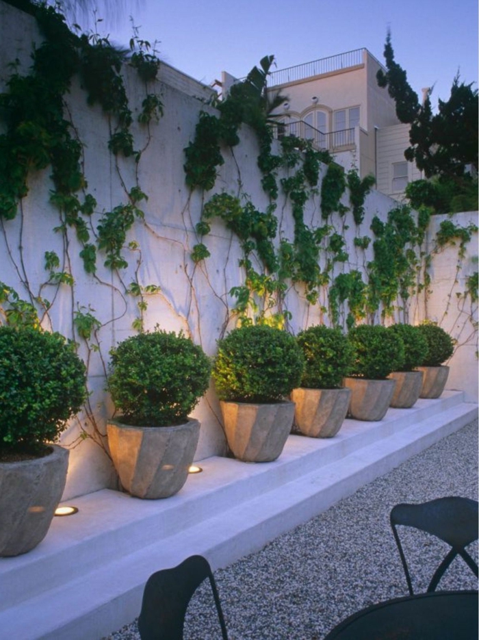 preciosas ideas de decoración de jardines modernos, macetas con arbustos ornamentales en forma oval 