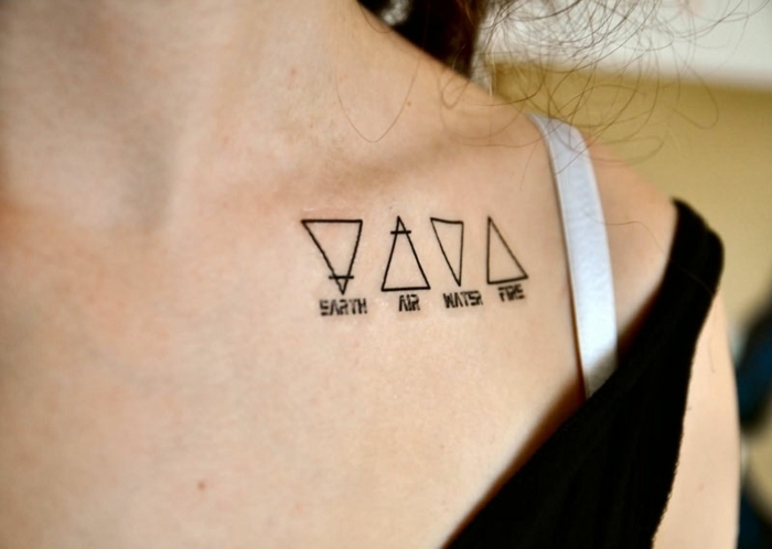 ideas de tatuajes geométricos con enorme significado, los cuatro elementos esenciales, tatuajes pequeños mujer