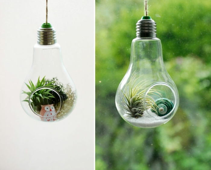 ideas originales manualidades decoracion, mini terarios con bombillas recicladas, bonitas ideas DIY 