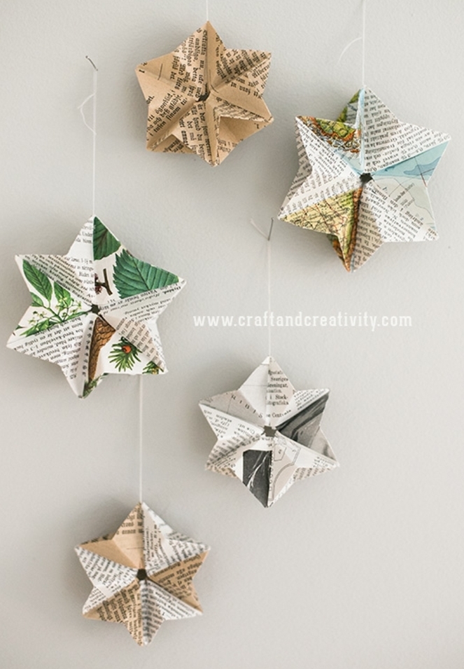 manualidades decoracion con papel periodico, guirnaldas decorativas detalles en forma de estrella 