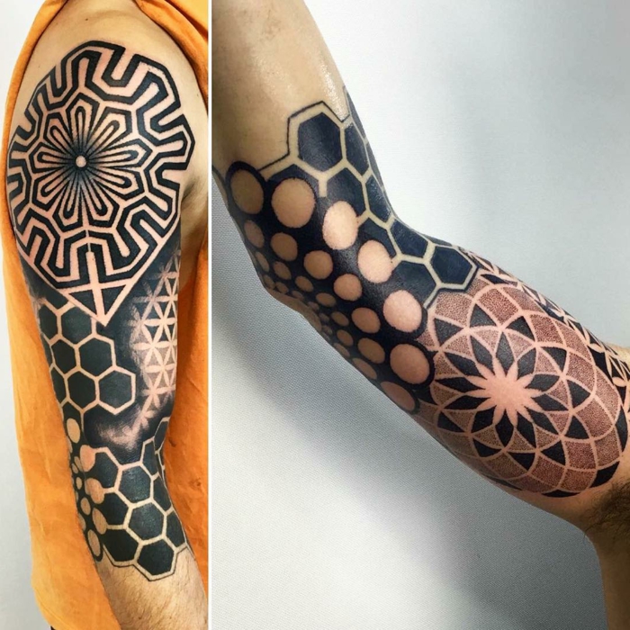 tatuajes simbolicos maories, brazos enteros tatuados con elementos en forma de hexágonos 