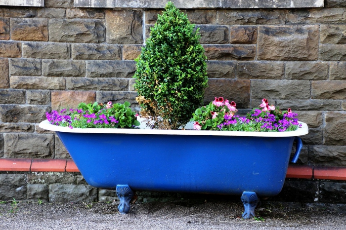 ideas de decoración jardines pequeños, bañera pintada en azul con flores y arbustos, ideas DIY de encanto 