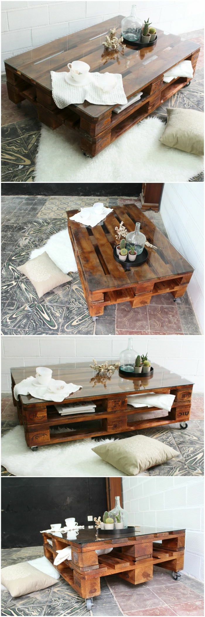 cuatro fotos de la misma mesa vista de diferentes sitios, pintada en marrón, mesas con palets