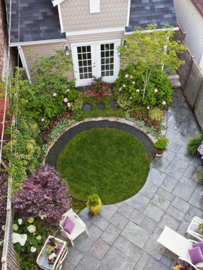 trucos de decoración decoracion de jardines pequeños, jardín con césped en forma oval 