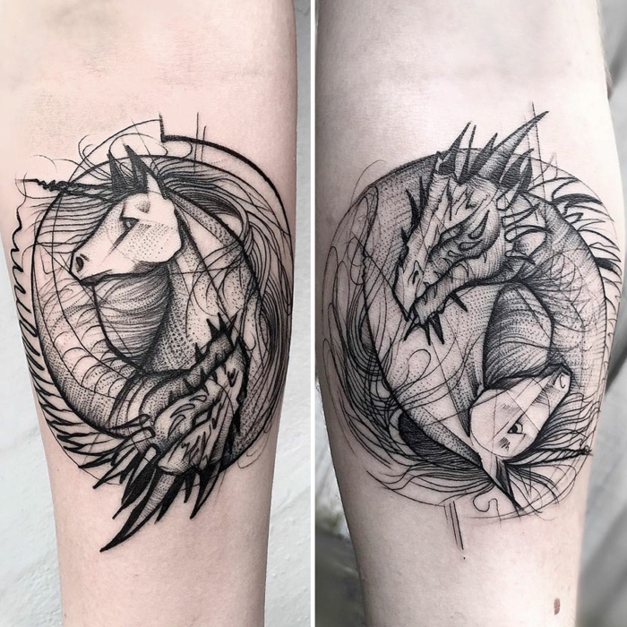 ideas de tatuajes simbolicos para hombres, ideas tatuajes para dos, animales magicos unicornio y dragón