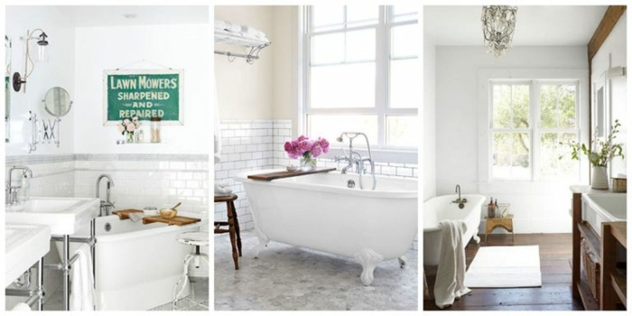 tres variantes decoración aseos pequeños en estilo vintage con bañeras, decoración baños en blanco 