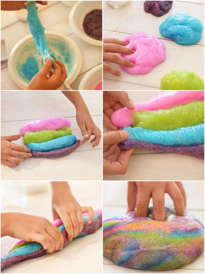 pasos para hacer slime casero en fotos, como hacer slime con purpurina en diferentes colores 