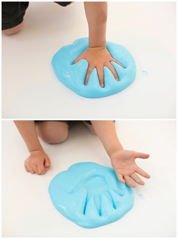 divertidas ideas sobre cómo hacer slime y manualidades con slime, mesa pegajosa en color azul 