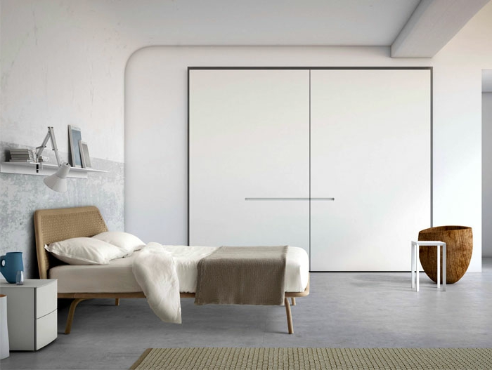 dormitorios matrimonio en estilo minimalista decorado en blanco y gris claro, cama de rattan 