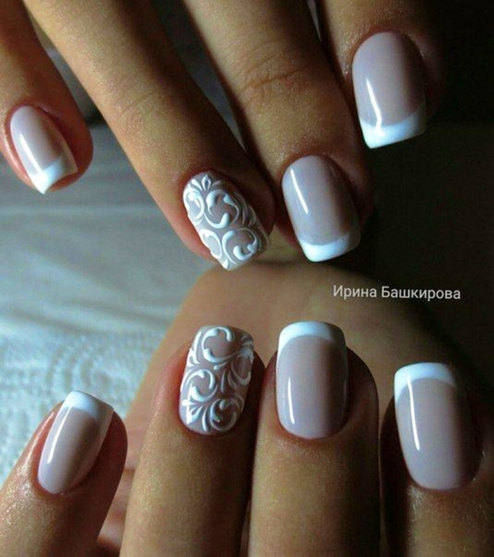 uñas decorado con encaje, uñas en gel decoradas en blanco y beige, decoración con elementos florales 