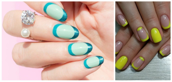 uñas decoradas francesa de colores, diseños coloridos de uñas francesas para el verano, uñas acrilicas decoradas en verde menta, azul y amarillo neón