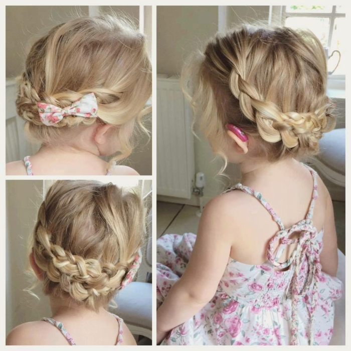 moños con trenzas, niña pequeña con el cabello rubio con una cinta de tela en blanco y rosa con vestido floral