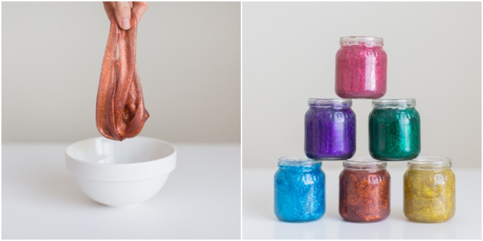 tarros de cristal llenos de slime en diferentes colores con purpurina, cómo hacer slime para regalar