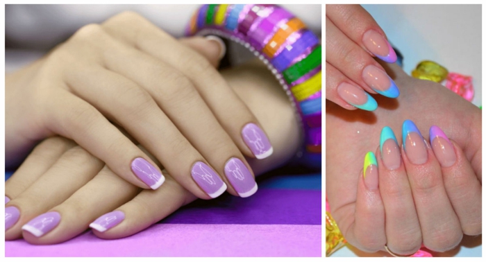 diseños de uñas para el verano, uñas de forma cuadrada y uñas muy largas afiladas en colores llamativos