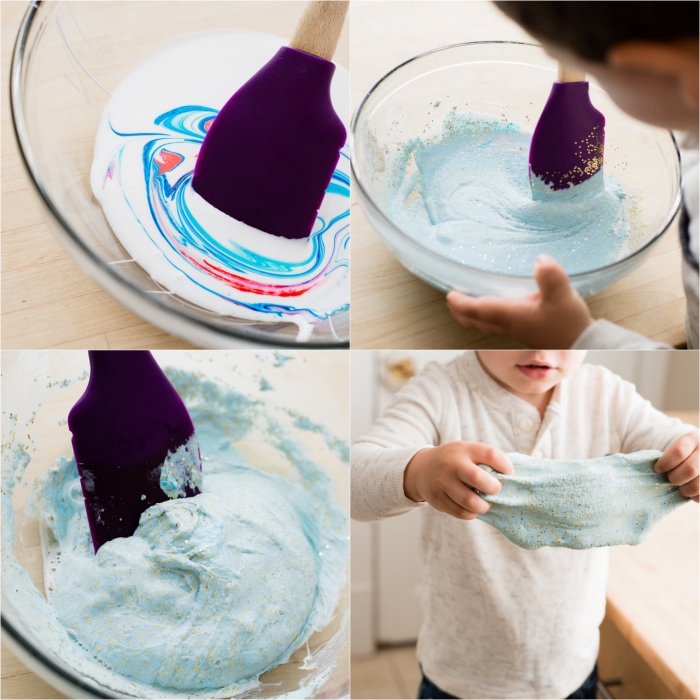 como hacer slime con cola blanca paso a paso, slime con purpurina en color azul claro 