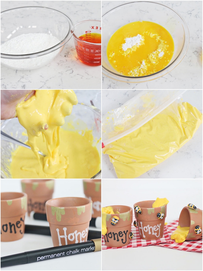 pasos para hacer slime casero para decorar la casa, slime en color amarillo para decorar pequeñas macetas
