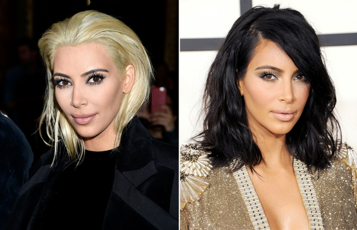 mechas para pelo castaño, Kim Kardashian dos look totalmente diferentes, rubia y negra, melena media
