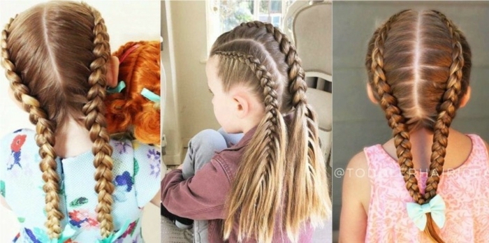 peinados faciles y bonitos de niñas con trenzas en pelo largo en la parte trasera, tres ideas fáciles de hacer