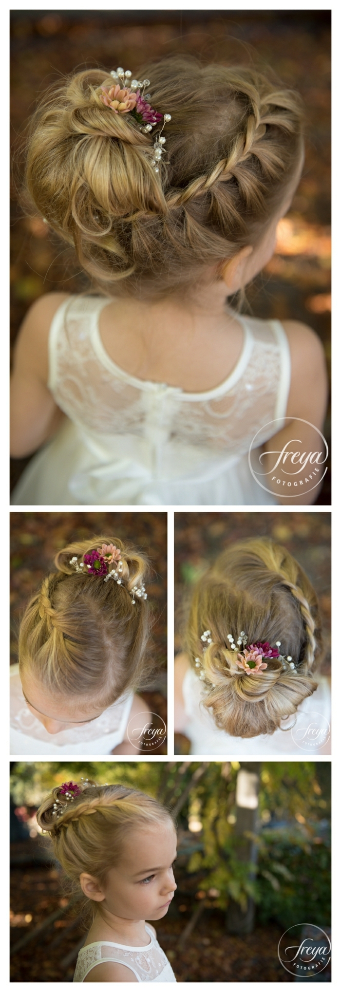 peinados faciles y bonitos, foto con niña con el peinado para la comunión decorado con flores 