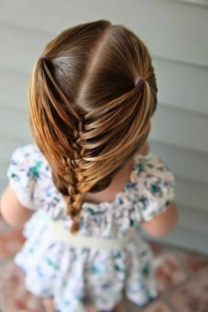 peinados para niñas de comunion, niña vista desde la parte de atrás con trenzas en la parte trasera,  tutoriales de peinados faciles para niñas