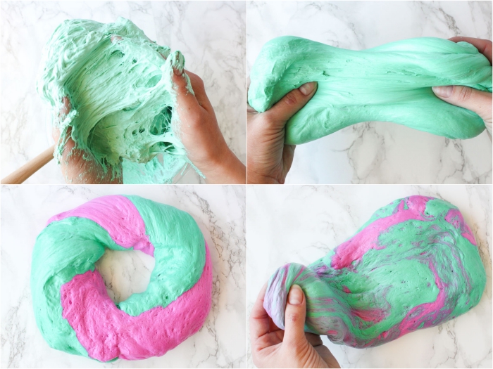 pasos para hacer slime colorido en verde menta y rosado, fotos sobre como hacer slime 