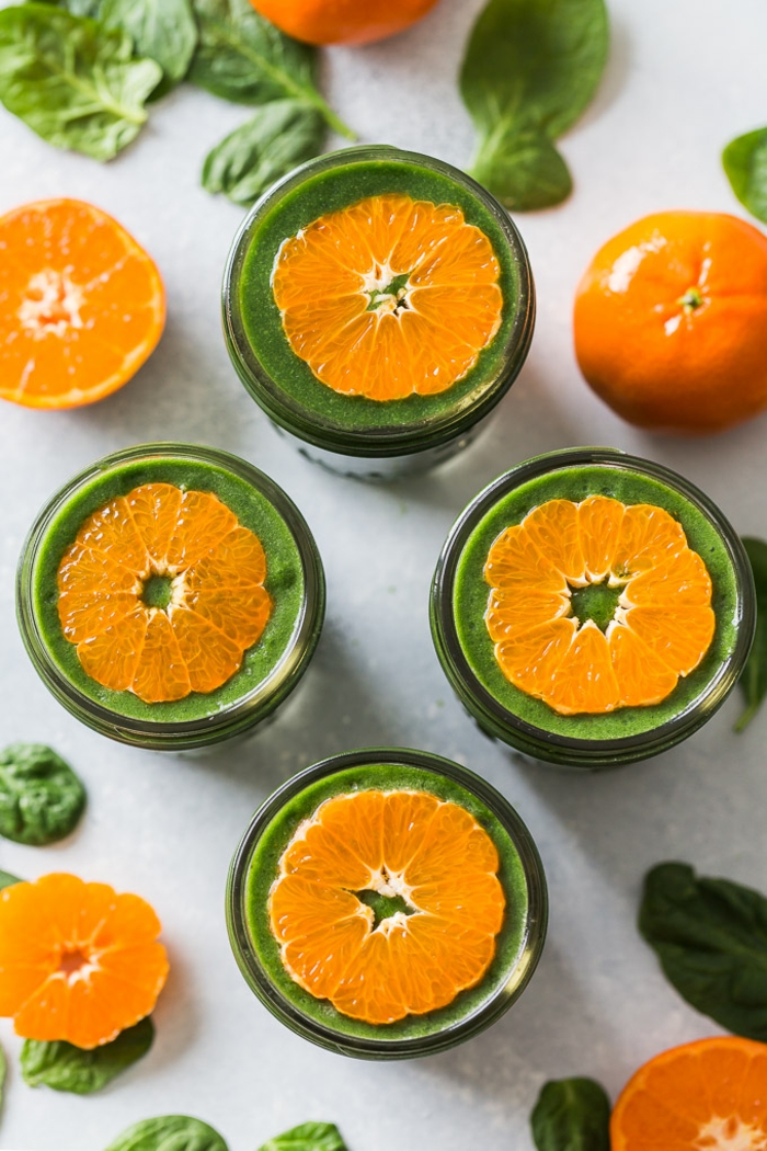 ricas ideas de recetas batidos proteinas casero, smoothie verde con mandarinas, recetas con fotos