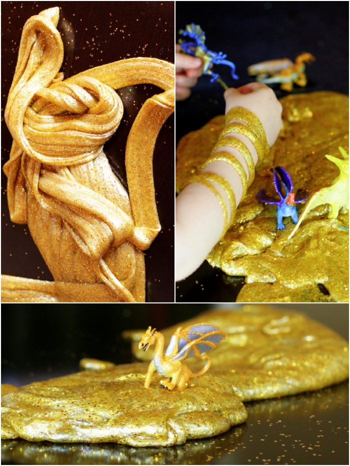 slime casero para decorar, como hacer slime con purpurina en color dorado, ideas para niños