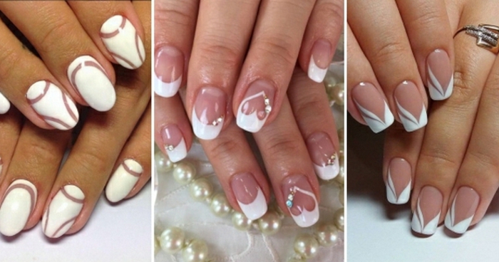 tres ejemplos de uñas francesas con elementos decorativos, bonitas ideas en blanco para novias
