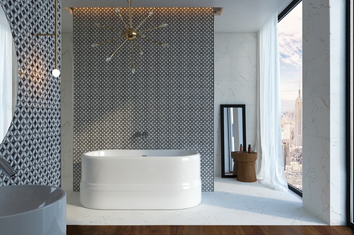 baño gris y blanco de diseño, estilo contemporáneo tendencia minimalista, bañera exenta moderna