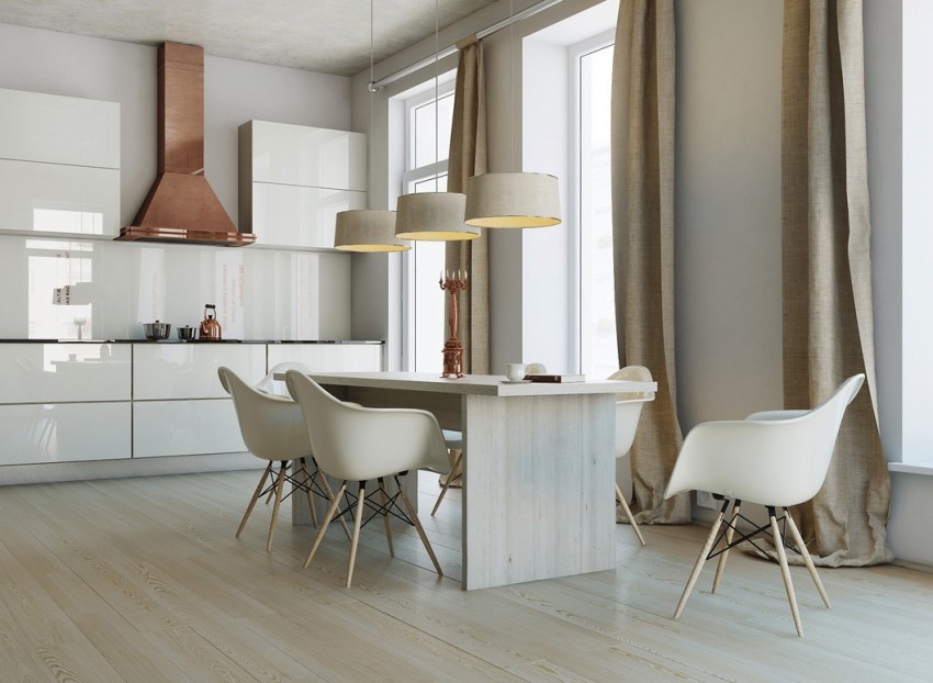 precioso diseño cocinas modernas blancas, pequeña cocina con comedor, cortinas de lino y suelo de parquet 