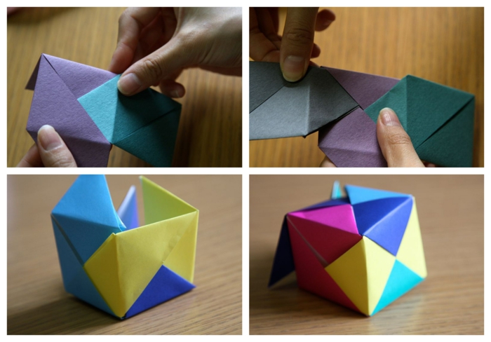 ideas fáciles y originales de manualidades con papel, cubos coloridos 3D, origami facil paso a paso 