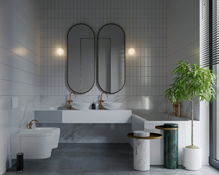 baño gris y blanco moderno con dos espejos alargados de diseño, azulejos en blanco y gris