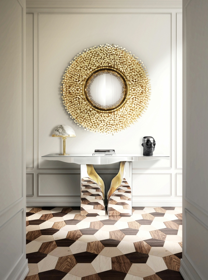 mueble recibidor como punto focal, precioso espejo sol vintage, suelo con parquet de diseño 
