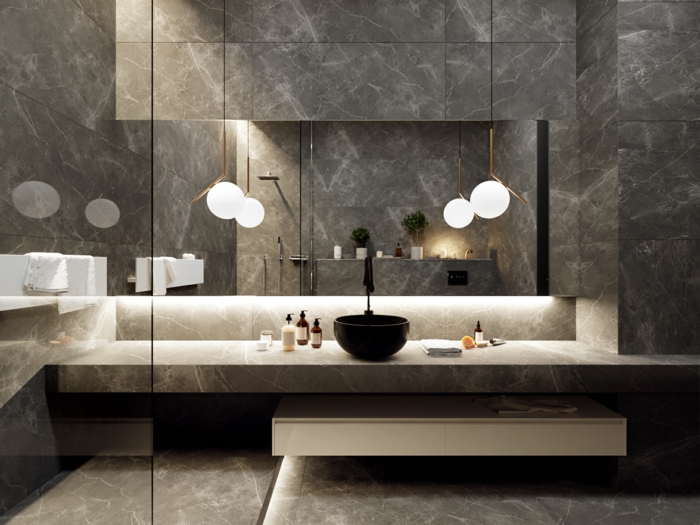 baños modernos de diseño, azulejos en color gris, muebles modernos, cabina de ducha 