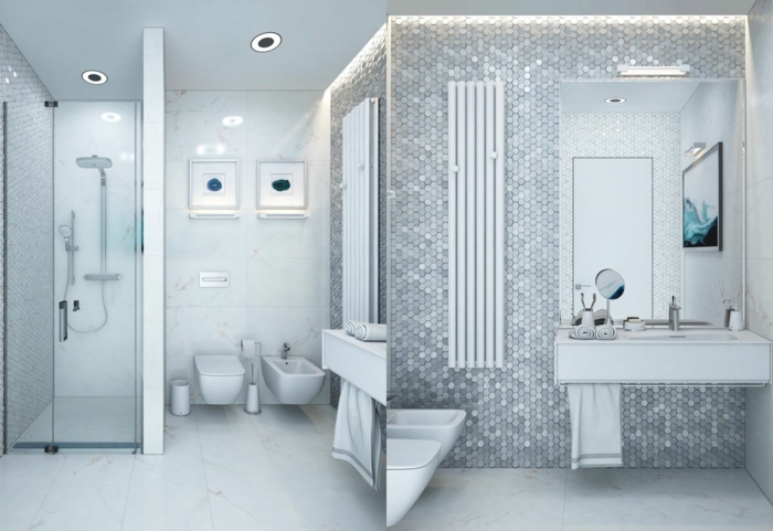 decoracion de baños grises con muebles en blanco, diseño de encanto, suelo con baldosas blancas y luces empotradas 