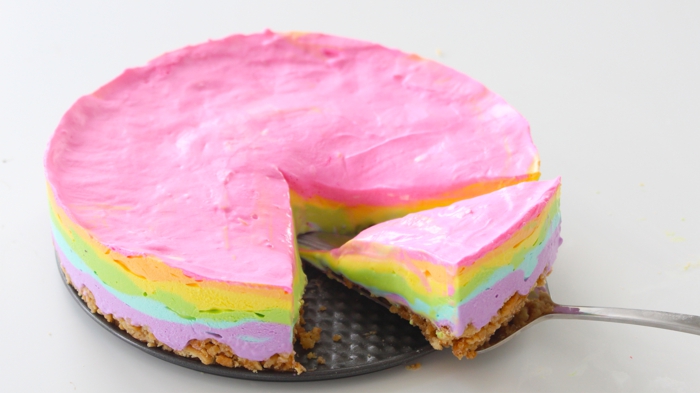 tarta de queso con cuajada en los colores del arco iris, fotos de tartas decoradas personalizadas 