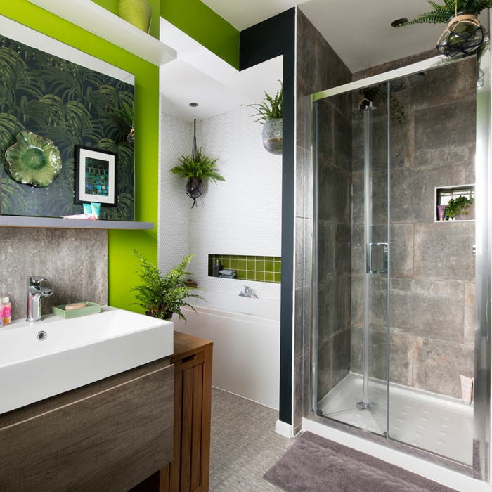 azulejos para baños pequeños, inspirados en Amazonia, con detalles en verde claro, negro y gris