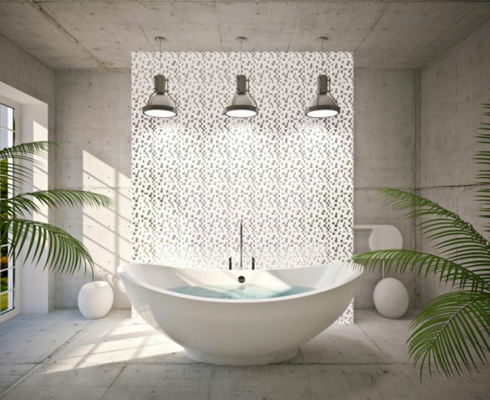 baños grises de alucinante diseño, espacio grande en blanco y gris, lámparas modernas y bañera oval 