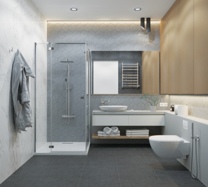 azulejos para baños pequeños de diseño, cuarto de baño con detalles geométricos, baldosas gris oscuro 