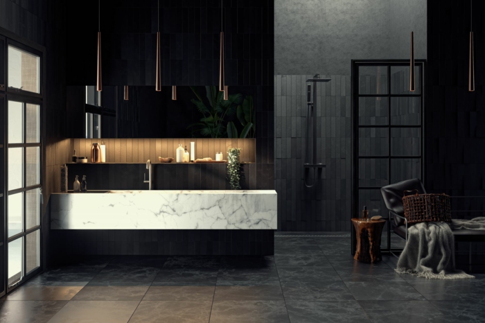 baño decorado en estilo contemporáneo colores oscuros, lavabo con encimera de mármol, decoracion baños