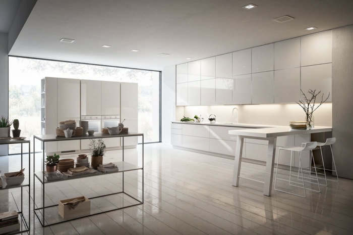precioso diseño de grande cocina decorada en blanco, cocinas blancas en estilo minimalista, luces empotradas y grandes ventanales 