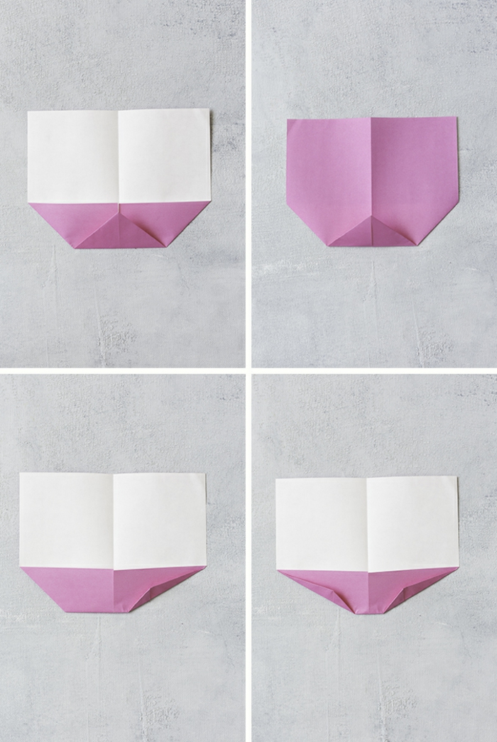 ideas de origami fácil con tutoriales paso a paso, papel en color morado, pliegue de papel DIY 