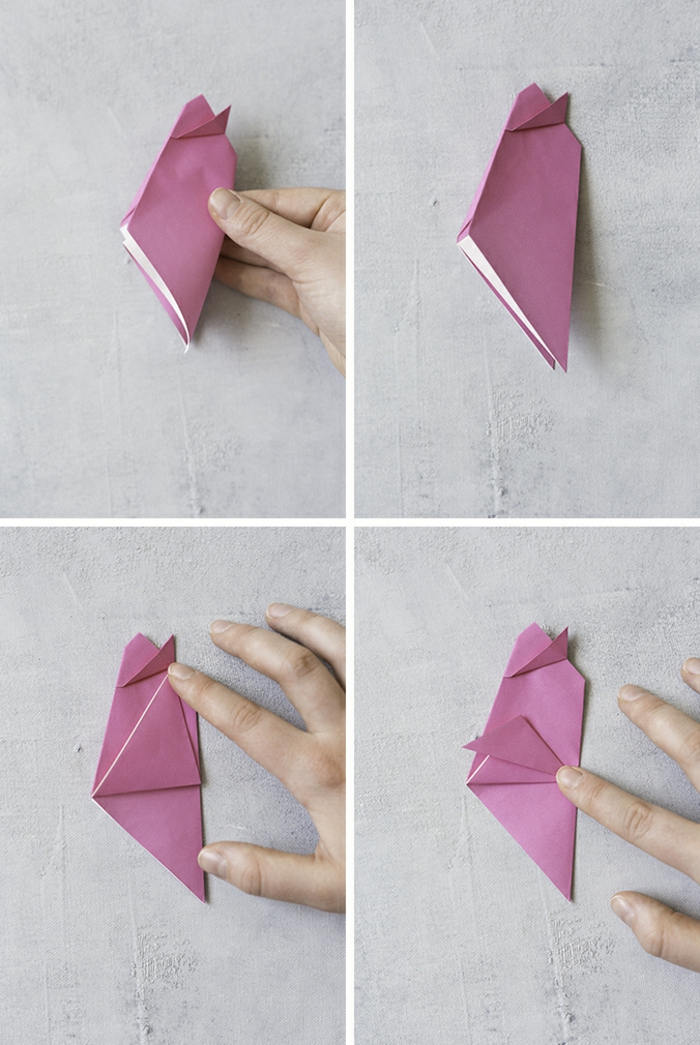 ideas DIY con tutoriales, como hacer un pollo de papel en morado, origami fácil para niños y adultos 