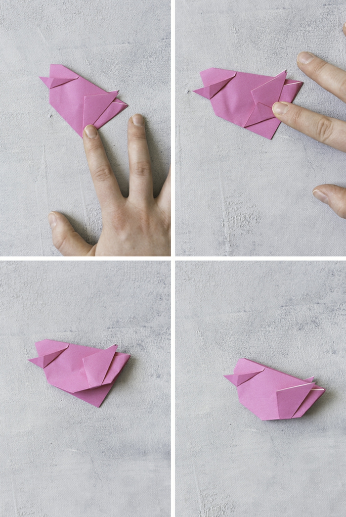 ideas de papiroflexia animales super fáciles de hacer, como doblar una hoja de papel para hacer un pollo 